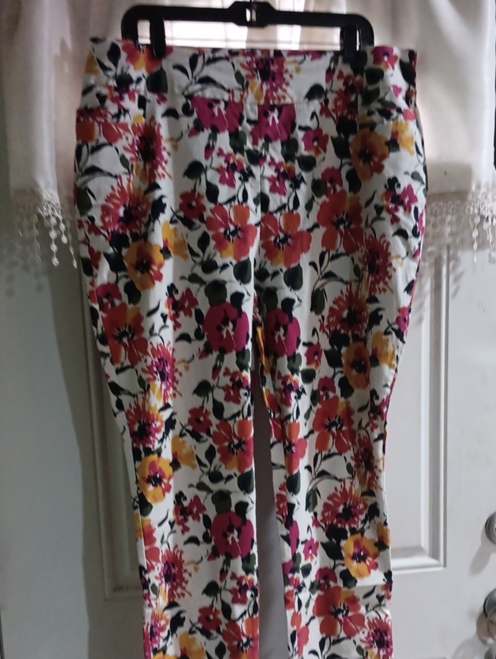 Floral Print Stretch Pants - White with Pink & Orange Flowers